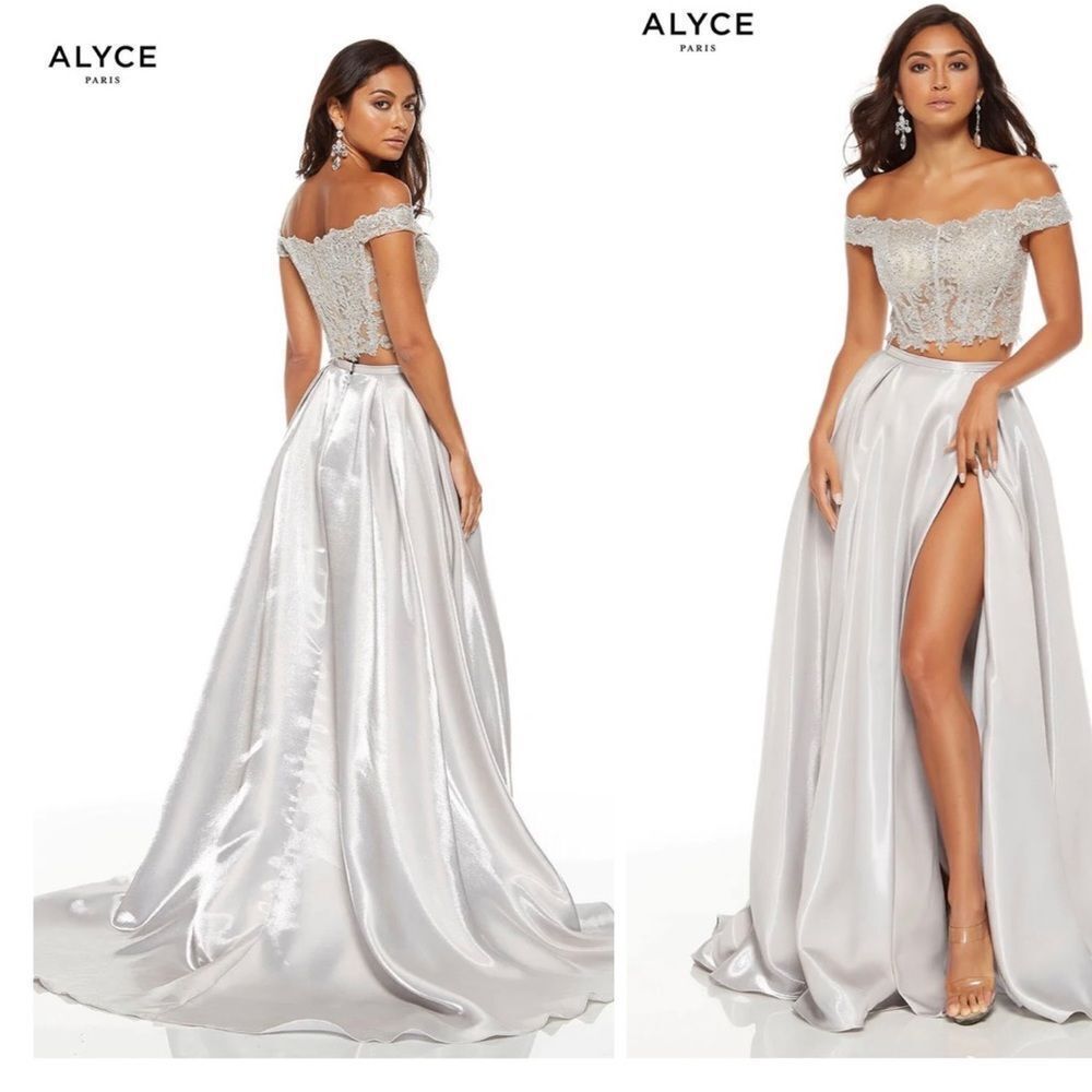 NEW ALYCE PARIS silver lace satin 60528 formal ballroom prom maxi gown dress 8